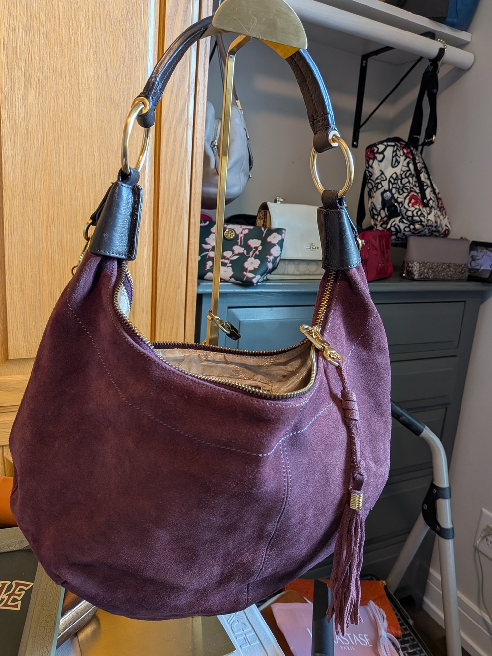 Franco Sarto Plum Suede Hobo Bag with Gold Hardware